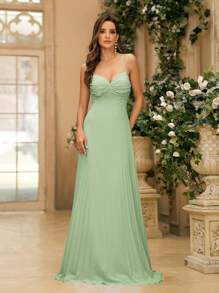 SHEIN Belle Women's Romantic & Elegant Chiffon Fabric Camisole With Ruched Front & Sunburst Pleats Hem, Crossed Back With Bow-Tie Decoration, Hook & Eye Closure, Ruched Details, Perfect As A Bridesmaid Dress - Mint Green - View 7