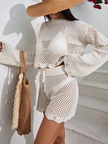 EURMUSE Hollow Out Short & Knit Top Cover Up Set, For Summer Beach Vacation - Beige - View 5