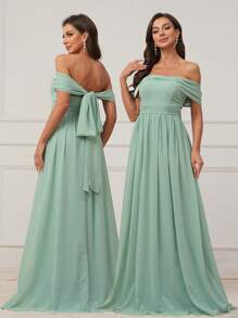 SHEIN Belle 優雅草綠色雪紡質地露肩連衣裙，前疊褶領口，後蝴蝶結，適合婚禮季、婚禮活動、正式伴娘禮服 - 綠色 - 查看 9