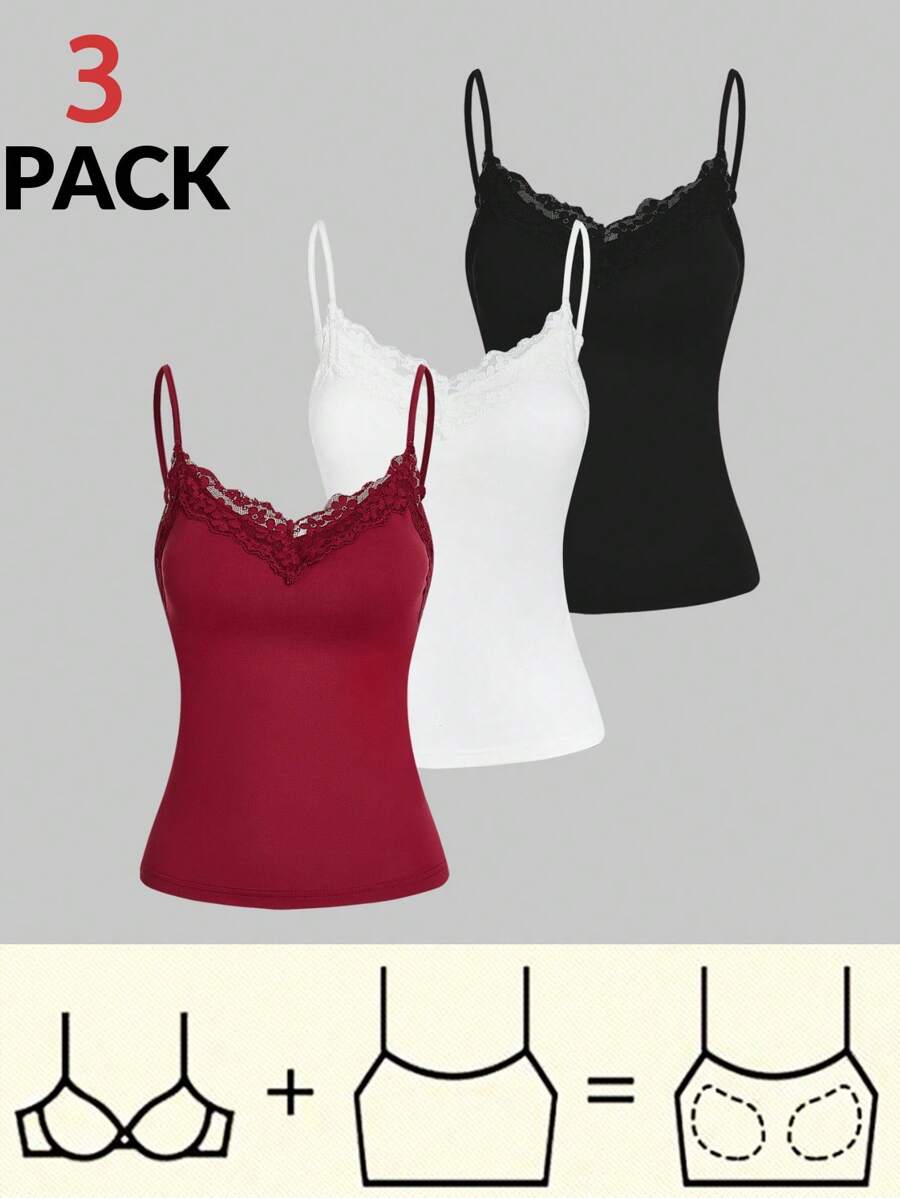 SHEIN Essnce 女性頂部包裝花邊吊帶3入組/套夏季休閒蕾絲緊身拼接背心，內置胸罩頂部，適用於假期 - 彩色 - 查看 1
