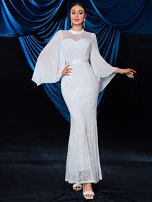 Floral Lace Bell Sleeve Chiffon Mermaid Wedding Dress, White Elegant Long Sleeve Bridal Gown - White - View 4