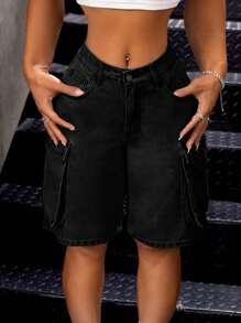 SHEIN ICON 女式夏季側口袋牛仔短褲 - 黑色 - 查看 3