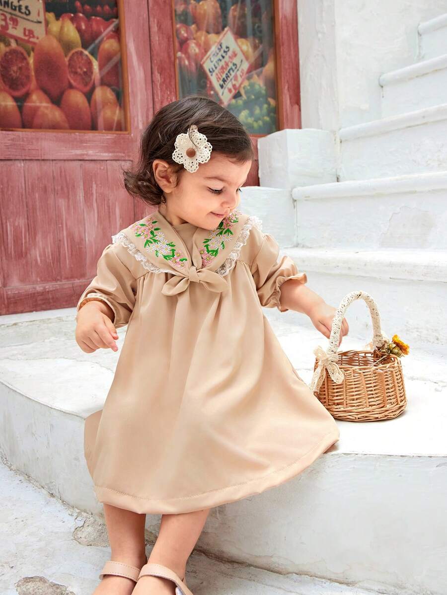 SHEIN Baby Girls' Retro Embroidered Dress With Bow Decoration - Apricot - View 1
