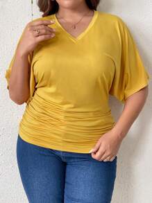 SHEIN Privé Plus Size Elegant And Slimming Solid Color V-Neck Casual Short Sleeve T-Shirt For Casual And Holiday