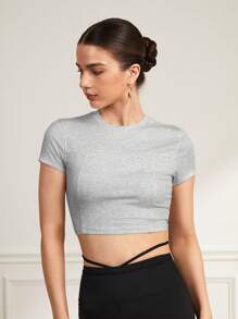 Lifespree Women's Solid Color Round Neck Short Sleeve Slim Fit Athletic T-Shirt - Light Grey - View 5