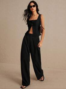 Poéselle 亚麻面料，方领纽扣背心，休闲修身无袖背心/露脐上衣，适合夏季度假、日常休闲通勤，法式风格 - 黑色 - 查看 1