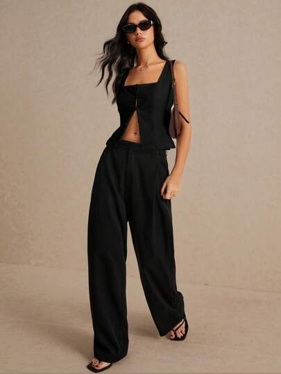 Poéselle 亚麻面料，方领纽扣背心，休闲修身无袖背心/露脐上衣，适合夏季度假、日常休闲通勤，法式风格