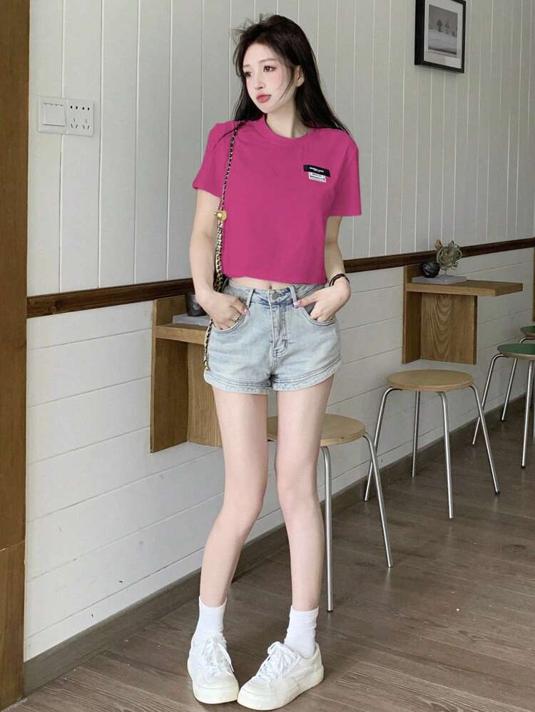 Women's Summer Short Sleeve Short Length T-Shirt With Letter Print Round Neck,Crop Tops Women Preppy Tops