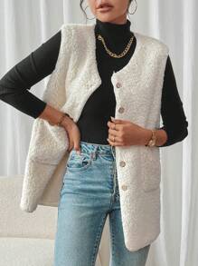 SHEIN Frenchy Dual Pocket Button Front Teddy Vest Coat In Fall/Winter - Beige - View 6