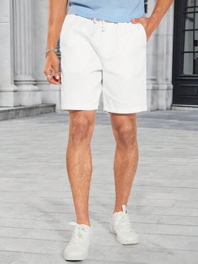 Hombres De Algodón Sólido Cortos de Cintura Con Cordón, Rodilla Lisa de Color Blanco para Vacaciones Casuales