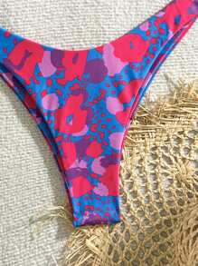 SHEIN Swim Bộ bikini dây buộc cổ in hình học đi biển mùa hè dành cho nữ - Màu xanh lam - Xem 4