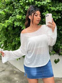 SHEIN EZwear Plus Size Women's Early Autumn Comfortable Bamboo Knit Sheer Breathable Sweater