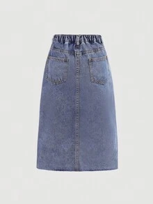 SHEIN Falda larga de mezclilla suelta y recta con cintura alta asimétrica y abertura lateral para niña preadolescente - Azul lavado medio - Ver 2