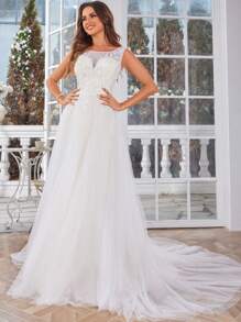 Của phụ nữ Không tay Vòng cổ Lưới trong suốt Váy dự tiệc - Màu be - Xem 7