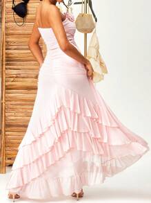 High-Low Ruffle Trim Dress, Ruched Front, 3D Flower Embellishment - Pink - View 3