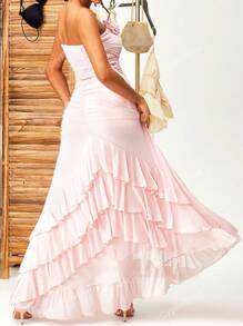High-Low Ruffle Trim Dress, Ruched Front, 3D Flower Embellishment