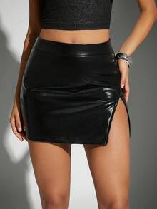 Hauture Shiny PU Side Slit Mini Skirt Suitable For Parties, Birthdays And Gatherings - Black - View 6
