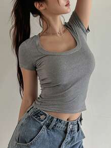 DAZY Women Summer Solid Color Square Neck Slim Short Sleeve T-Shirt