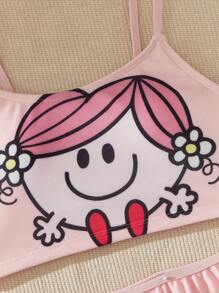 Mr Men Little Miss X SHEIN Tween Girl Elastic Knitted Casual Cartoon And Letter Graphic Bikini Set Summer Beach - Multicolor - View 4