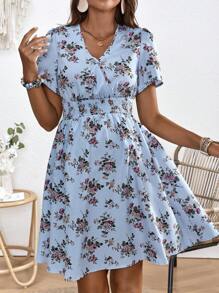 SHEIN Maternity Floral Print V Neck Dress - Blue - View 4