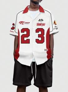 ROMWE MEN Prep Áo Sơ Mi Jersey Ngắn Tay Thường Ngày Cho Nam Có Khối Màu & In Chữ Và Số, Mùa Hè - Nhiều màu - Xem 1