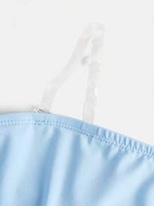 SHEIN Girlism Áo thun bandeau dệt kim màu trơn đơn giản không đối xứng cho bé gái tuổi teen - Màu xanh nhạt - Xem 3