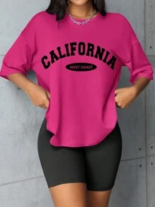 Women Letter Print Round Neck Drop Shoulder T-Shirt And Fashionable Versatile Shorts Casual Set, Summer