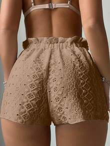 SHEIN Swim 空心綁帶連身短褲 - 卡其色 - 查看 2