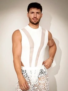 FeverCity Men's Summer Mesh Panel Solid Color See-Through Sleeveless Bodysuit - White - View 6