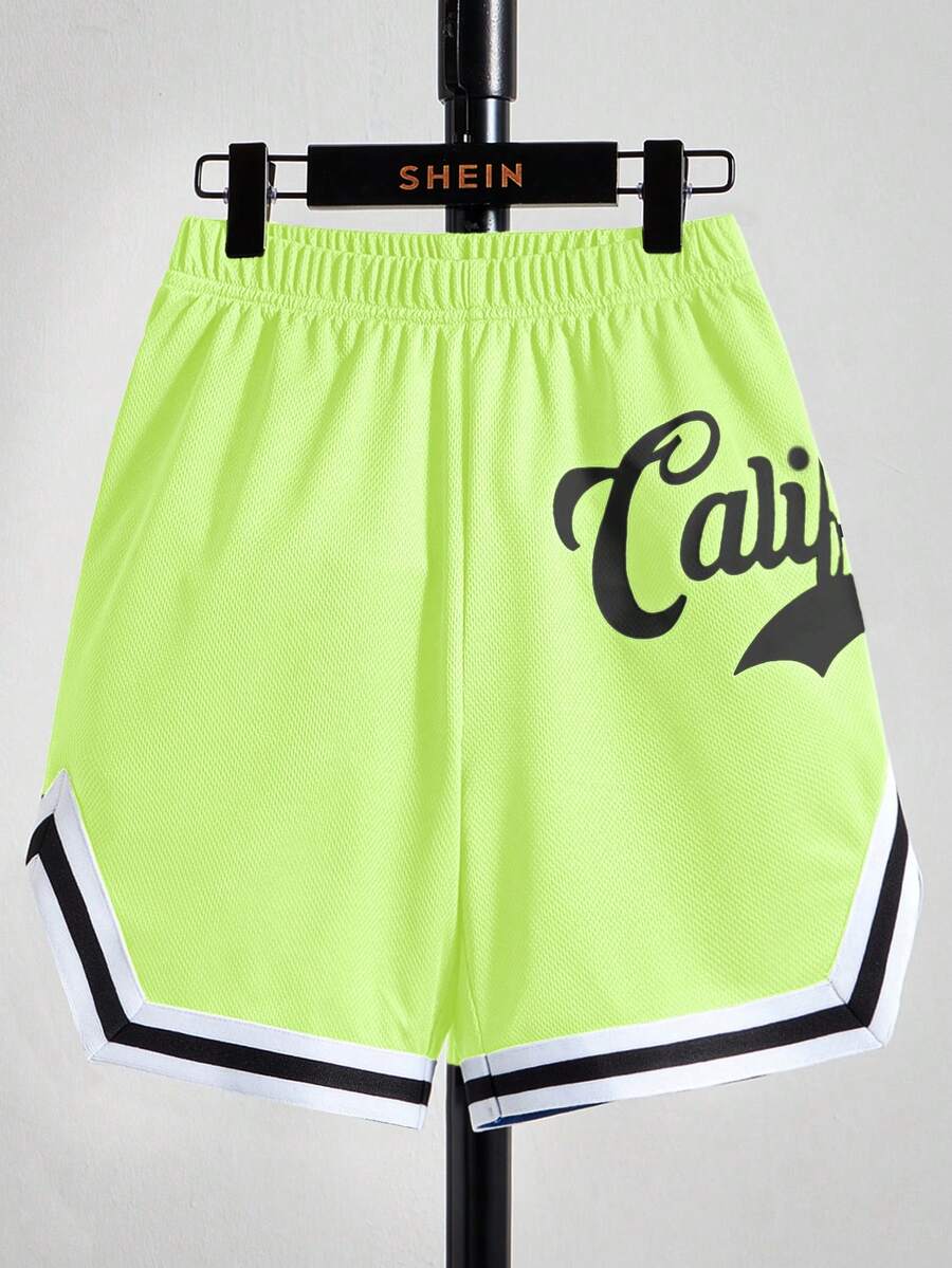 SHEIN Tween Boys' Loose Elastic Waist Patterned Shorts, Summer - Green - View 1