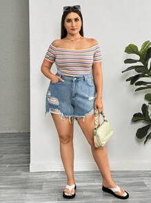 SHEIN Essnce Plus-Size Women's Date Tops, Rainbow Striped T-Shirts, Off-The-Shoulder Tops, Cute Summer Dresses,Summer Women Dresses Casual Summer Dress Summer Tops,Teacher Clothes Teacher T Shirt  Fall Women Clothes