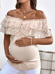 SHEIN Solid Color Off-Shoulder Maternity Short Sleeve T-Shirt (For Summer) - Apricot - View 3