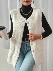 SHEIN Frenchy Dual Pocket Button Front Teddy Vest Coat In Fall/Winter - Beige - View 5
