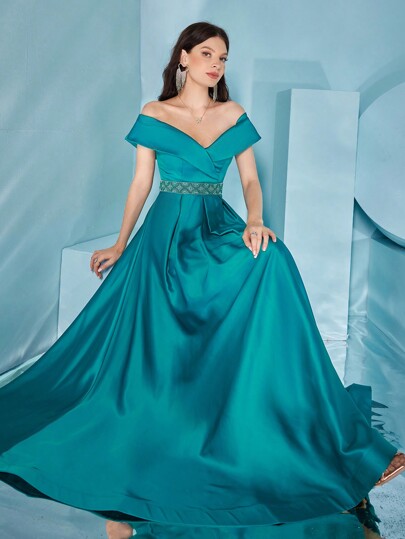 Off Shoulder Floor-Length Dress With Waist Pearl Trim Decoration