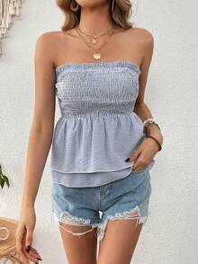 SHEIN VCAY Top Tubo Peplum Con Fascia A Righe E Rifiniture Volant Per Vacanze Estive - Blu reale - Visualizzare 6