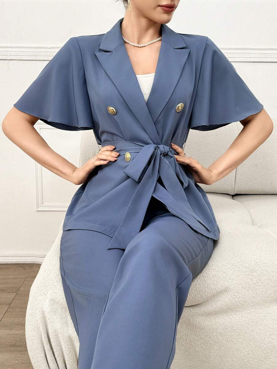 Modelyn Áo khoác hai dây thắt lưng & quần ống đứng cho mùa hè - Màu xanh bụi bặm - Xem 1