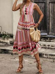 Breezaya Vacation Style Geometric Printed Notched Neck Dress With Ruffled Hem For Summer - Multicolor - View 5