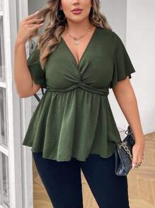 Franclia Blusa de verano de talla grande para mujer con mangas campana de manga corta y cuello en V, top con volantes