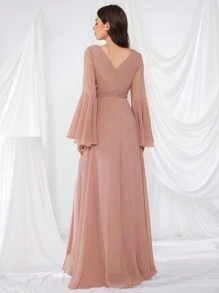 UNITHORSE V-Neck Flare Sleeve Waist Cinched Slit Formal Dress Bridesmaid Dress - Hồng - Xem 2