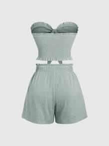 Sweetra Solid Color Strapless Crop Top And Shirred Shorts, Summer Slim Fit 2pcs/Set