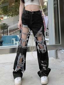 Ripped Distressed Women's Jeans, Versatile - Black - View 4