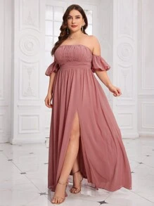 Vestido de gasa con cuello plisado, mangas farol y abertura alta para mujer de talla grande - Rosa vieja - Ver 6