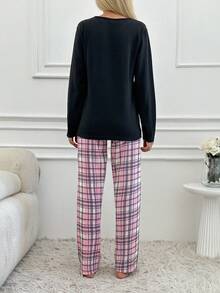 RueChic Hoạt hình & In Khẩu hiệu Tay áo dài Áo thun Và Checkered Quần Bộ đồ ngủ ( Không có Mặt nạ mắt ) - màu đen - Xem 2