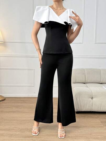 Modelyn Women's Fashionable And Elegant 2pcs Contrast Color V-Neck Slim Fit Top And Pants Set, Summer