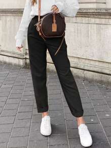 Apperloth A Solid High Waist Seam Detail Slant Pocket Casual Carrot Dress Pants Dressy Tailored Crop Ankle Trousers,Ladies Spring/Fall Elegant Button,Pocket,Zipper High Waist Harem/Genie Long Black Regular Fit Women Pants,Casual Daily Wear