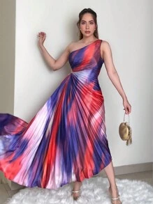 SHEIN Privé Thời trang mùa hè ombre Cổ bất đối xứng Khoét eo Váy xòe viền bất đối xứng - Nhiều màu - Xem 2