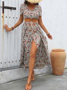 Breezaya Women's Paisley Pattern V-Neck Elastic Waist High Slit Vacation Dress