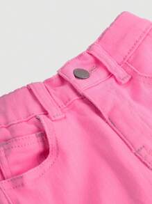 Young Girls Casual Ripped Frayed Jeans Girls Pink Jeansshein Young Girl Jeanskids Ripped Jeanspink Jeansripped Jeans Young Girl - Pink - View 3