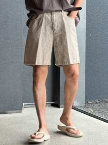 DAZY Men's Summer Loose-Fit Solid Color Linen Shorts With Pockets - Khaki - View 4