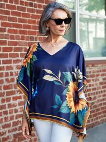 SHEIN LUNE Women Casual Elegant Summer Sundress Flowers Batwing Flowers V-Neck Batwing Sleeve Shirt - Multicolor - View 5